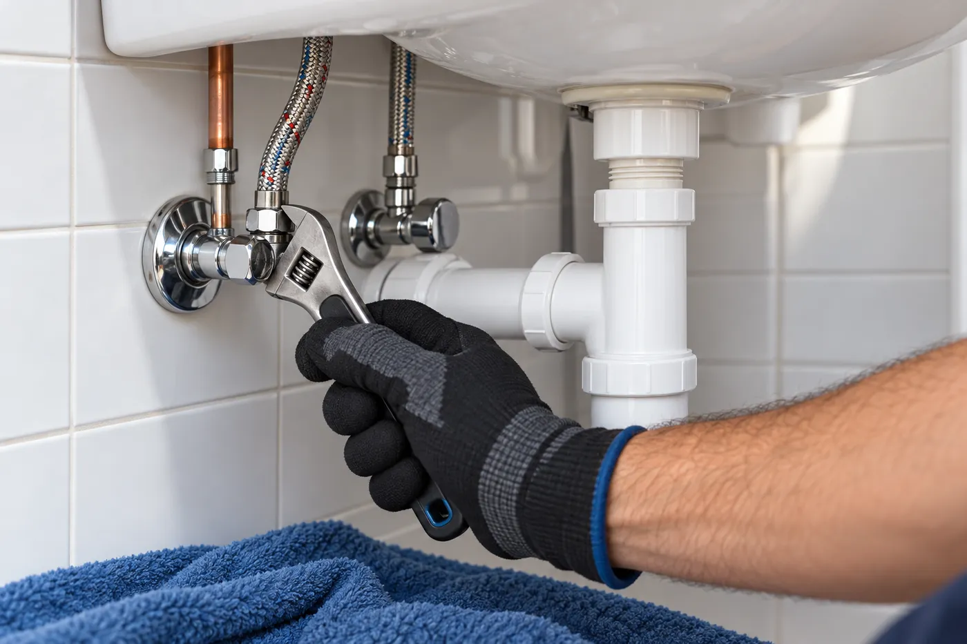 Resserrage d'un flexible de robinetterie sous un lavabo à la clé à molette