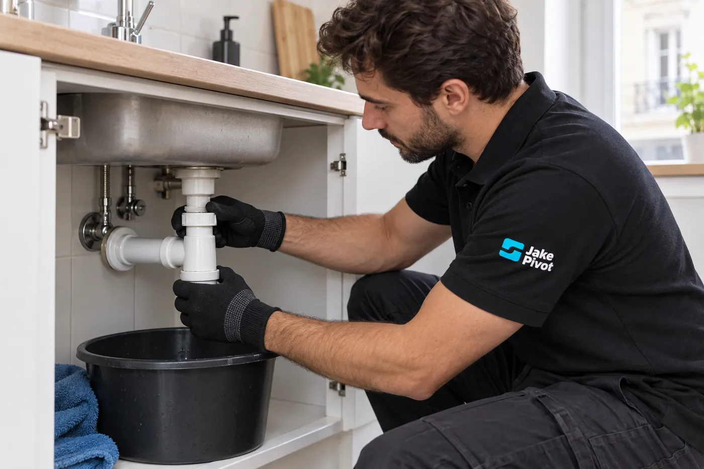 Plombier démontant le siphon PVC sous un évier de cuisine, seau posé dessous